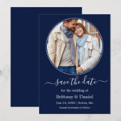 Moderne Elegante Round Foto Frame Blue Save The Date (Vorne/Hinten)