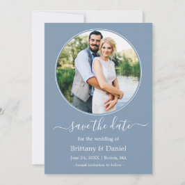 Moderne Elegante Round Foto Frame Dusty Blue Save The Date