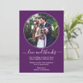 Moderne elegante Round Foto Frame Lila Hochzeit Dankeskarte (Stehend Vorderseite)
