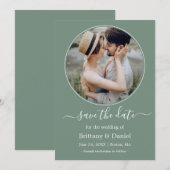Moderne Elegante runde Foto Rahmen grün Save The Date (Vorne/Hinten)