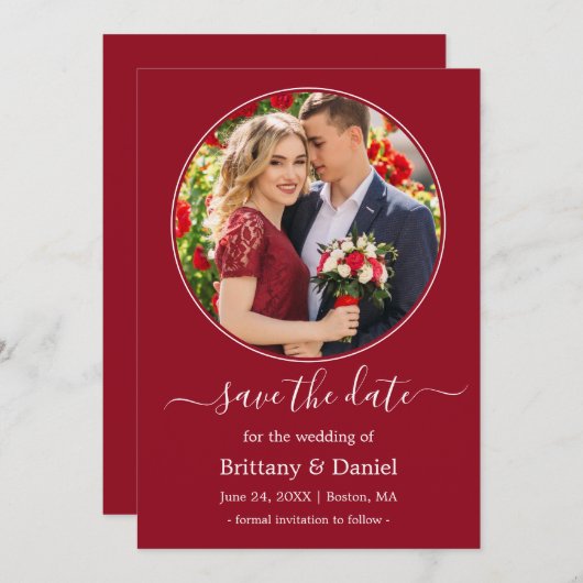 Moderne, elegante, runde Foto-Rahmen Rot Save The Date (Vorne/Hinten)