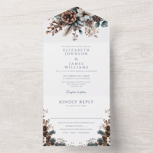 Moderne Elegante Rustikale Pinecone All In One Einladung (Innen Boden)