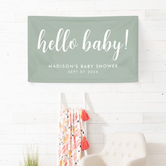 Moderne elegante Sage Green Baby Dusche Banner (Insitu)
