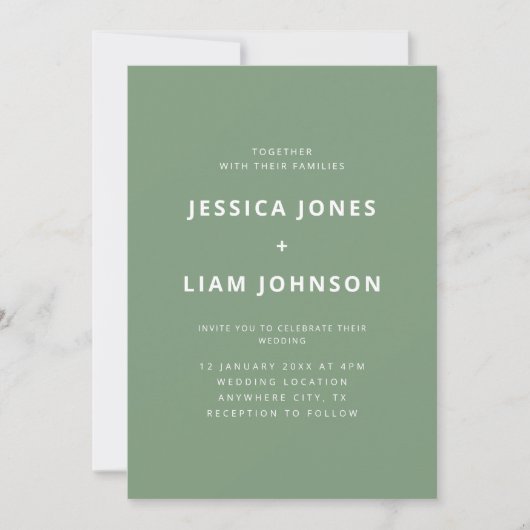 Moderne elegante Sage Green Minimalistisch Wedding Einladung (Vorderseite)