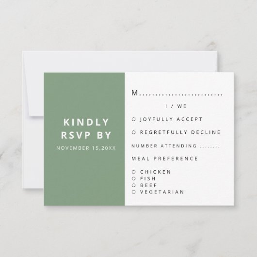 Moderne elegante Sage Green Minimalistisch Wedding RSVP Karte (Vorderseite)