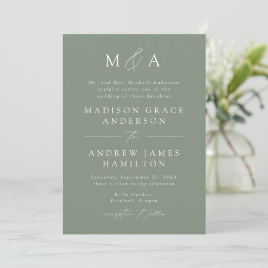 Moderne elegante Sage Green Monogram Wedding Einladung (Stehend Vorderseite)