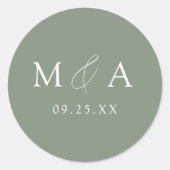 Moderne elegante Sage Green Monogram Wedding Runder Aufkleber (Vorderseite)