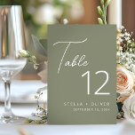 Moderne, elegante Sage Green Script Hochzeit Tischnummer<br><div class="desc">Moderne und elegante Tischnummer mit Salbei-Grün mit Kalligraphie-Schrift und moderner Typografie-Tischnummer. Ideal für Hochzeiten oder Ihre nächsten besondere Anlass.</div>