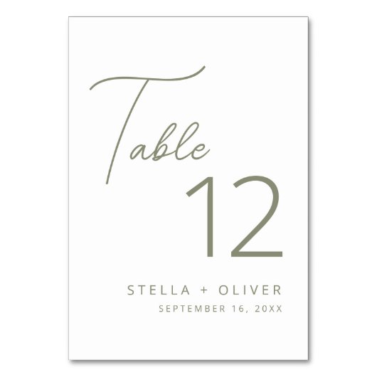 Moderne, elegante Sage Green Script Hochzeit Tischnummer (Vorderseite)