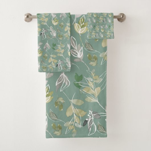 Moderne elegante Sage Green Silver Blätter Botanis Badhandtuch Set (Insitu)