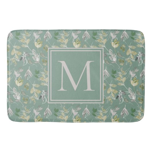 Moderne elegante Sage Green Silver Blätter Monogra Badematte (Vorderseite)