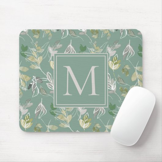 Moderne elegante Sage Green Silver Blätter Monogra Mousepad (Mit Mouse)