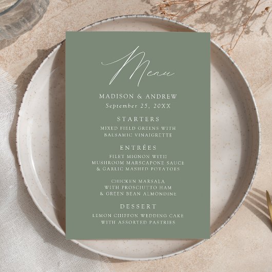 Moderne Elegante Sage Green Wedding Menükarte