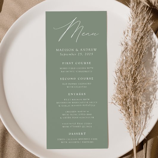 Moderne Elegante Sage Green Wedding Menükarte