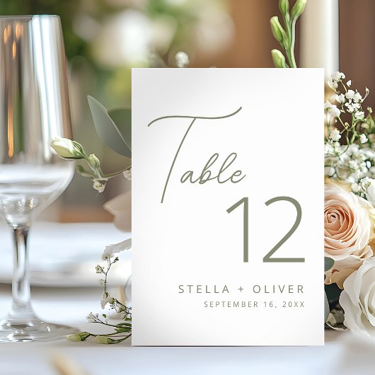 Moderne elegante salbeigrüne Schrift Hochzeit Tischnummer