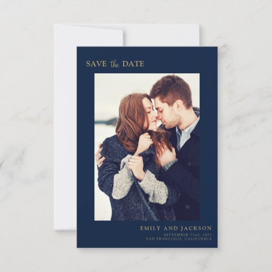Moderne Elegante Save the Date Foto Navy Blue (Vorderseite)