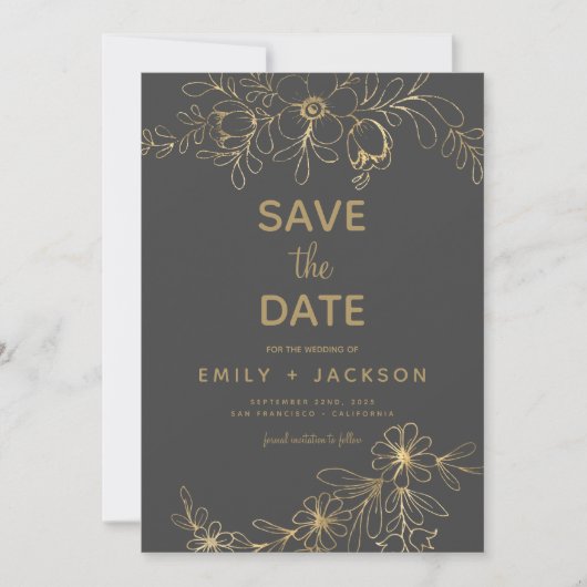 Moderne Elegante Save the Date Gray Gold Floral (Vorderseite)