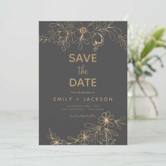 Moderne Elegante Save the Date Gray Gold Floral (Stehend Vorderseite)