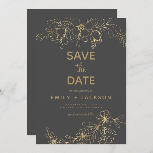Moderne Elegante Save the Date Gray Gold Floral (Vorne/Hinten)