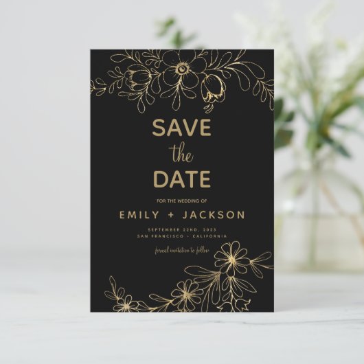 Moderne Elegante Save the Date Schwarze Gold (Stehend Vorderseite)