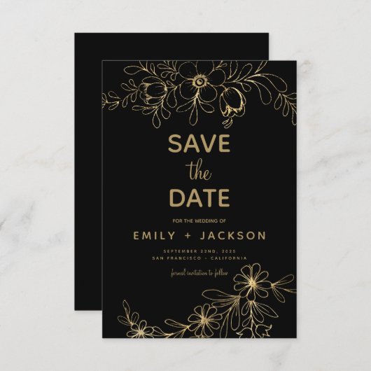 Moderne Elegante Save the Date Schwarze Gold (Vorne/Hinten)