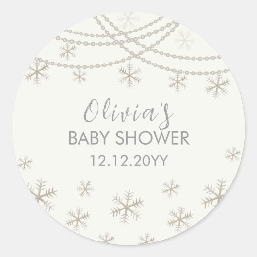 Moderne Elegante Schneeflocken Winter Baby Dusche Runder Aufkleber (Vorderseite)