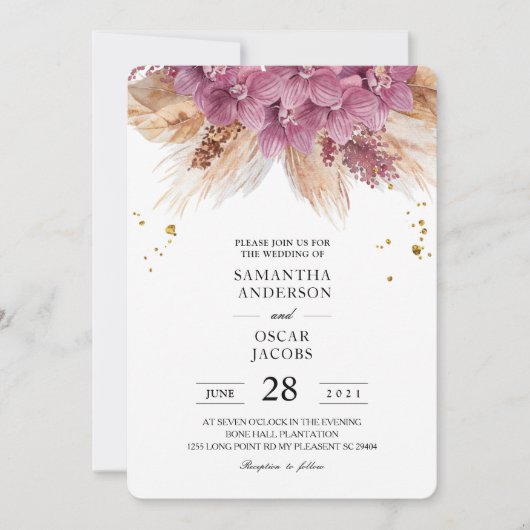 Moderne Elegante Schönheit Rosa Orchid & Pampas & Einladung (Vorderseite)