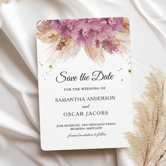 Moderne Elegante Schönheit Rosa Orchid & Pampas & Save The Date