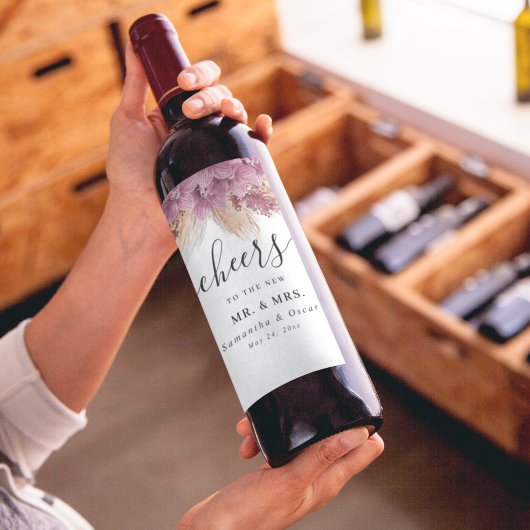 Moderne Elegante Schönheit Rosa Orchid & Pampas &  Weinetikett