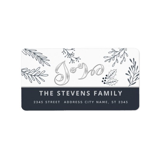 Moderne, elegante Schrift Freude Winter botanische Adressaufkleber (Vorne)