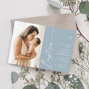 Moderne Elegante Schrift Jungen Foto Taufe Einladung
