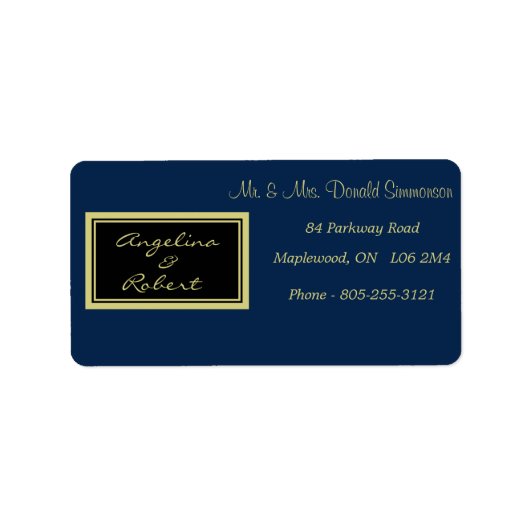 Moderne elegante Schwarz-Blau-Gold-Script-Hochzeit Adressaufkleber (Vorne)