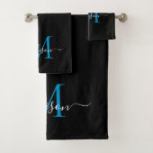 Moderne elegante schwarz-blaue Monogram-Skriptbeze Badhandtuch Set (Insitu)