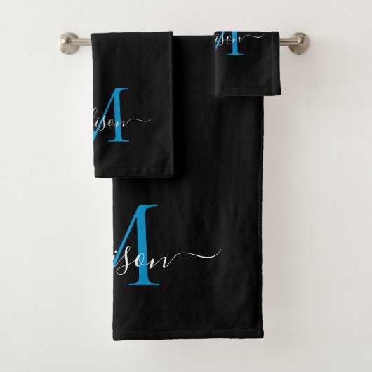 Moderne elegante schwarz-blaue Monogram-Skriptbeze Badhandtuch Set (Insitu)