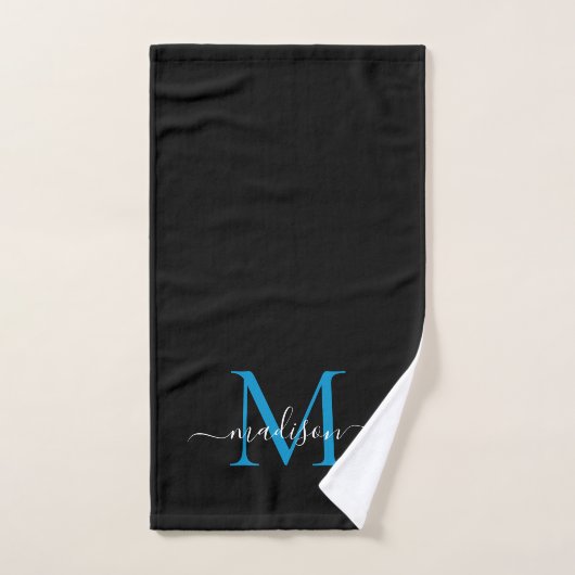 Moderne elegante schwarz-blaue Monogram-Skriptbeze Badhandtuch Set (Handtuch)