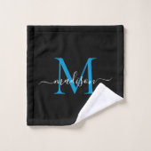 Moderne elegante schwarz-blaue Monogram-Skriptbeze Badhandtuch Set (Waschlappen)