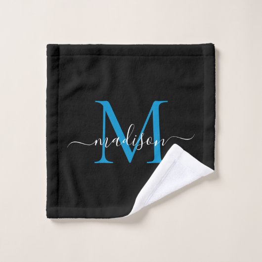 Moderne elegante schwarz-blaue Monogram-Skriptbeze Badhandtuch Set (Waschlappen)