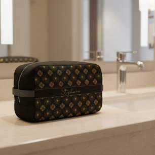 Moderne elegante Schwarz-Gold-Monogramm-Bezeichnun Waschbeutel