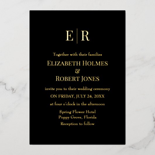Moderne, elegante Schwarz-Gold-Monogramm-Hochzeit Folieneinladung (Vorderseite)