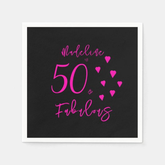 Moderne elegante schwarz-heiße rosa Herzen 50. Geb Serviette (Vorderseite)
