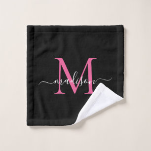 Moderne elegante Schwarz-Hot-Pink-Monogramm-Skript Waschlappen