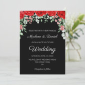 Moderne, elegante Schwarz-Rot-Blumen-Hochzeit Einladung (Stehend Vorderseite)