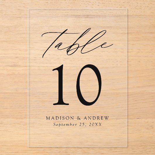 Moderne, elegante Schwarz-Script-Acrylic-Tischnumm Acryleinladungen (Vorderseite)