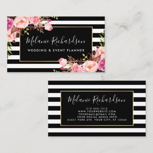 Moderne Elegante Schwarz Streifen rosa Blüte Visitenkarte (Vorne/Hinten)