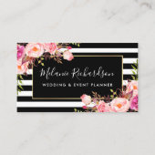 Moderne Elegante Schwarz Streifen rosa Blüte Visitenkarte (Vorderseite)