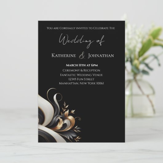 Moderne Elegante Schwarz und Gold Einladung (Stehend Vorderseite)