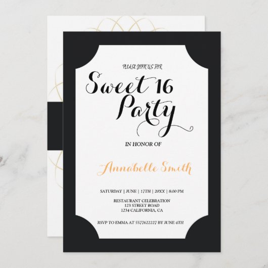 Moderne elegante Schwarz und Gold süß 16 Einladung (Vorne/Hinten)