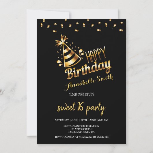 Moderne elegante Schwarz und Gold süß 16 Einladung (Vorderseite)