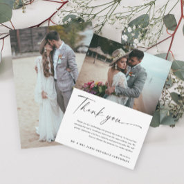 Moderne, elegante Schwarz-Weiß-2-Foto-Hochzeit Dankeskarte