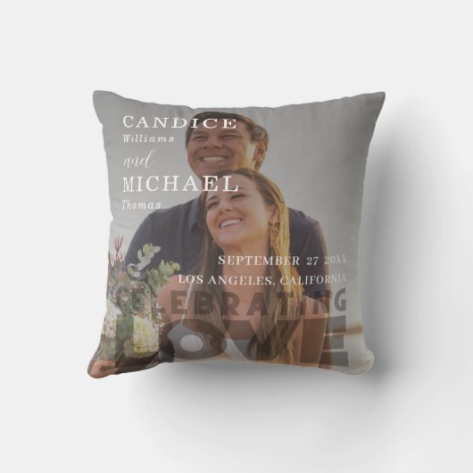 Moderne, elegante Schwarz-Weiß-Foto-Hochzeit Kissen (Rückseite)